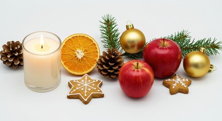 Festive Holiday Arrangement with Apples, Oranges, Pine Cones, Candles, and Traditional Christmas Cookies on White Background