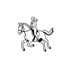 Black and white line art of a beautiful woman with perfect body riding horse elegant minimalist illustration