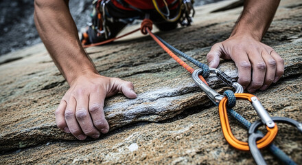 A close-up view of a rock climber's hands gripping a stone ledge with rope and carabiner safety equipment.