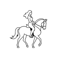 Black and white line art of a beautiful woman with perfect body riding horse elegant minimalist illustration