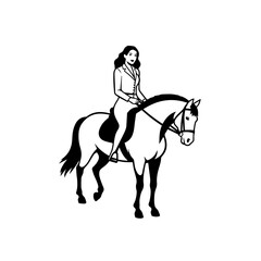 Black and white line art of a beautiful woman with perfect body riding horse elegant minimalist illustration