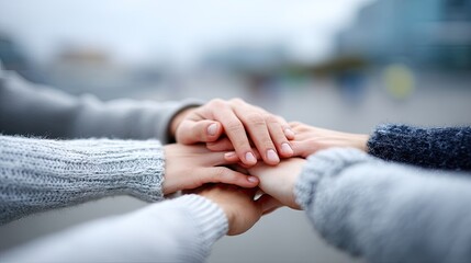 Close Up Stacked Hands in Team Cooperation on Urban Scenery with Blurry Background Representing Unity and Collaboration in Soft Natural Light