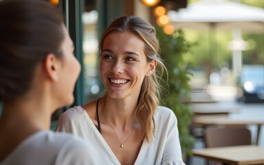 Waist up portrait of smiling young woman talking to friend on outdoor cafe terrace, copy space. High quality