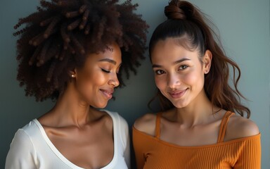 Multiracial puzzled two women thinking and posing on camera. High quality