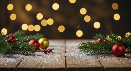 Festive Holiday Decorations with Christmas Ornaments and Sparkling Lights on Wooden Surface