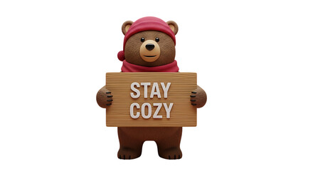 Adorable bear wearing winter hat holds 'Stay Cozy' sign, perfect for seasonal greetings and holiday promotions to bring warmth and cheer