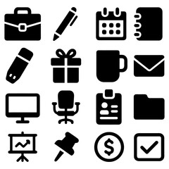 Office Supplies Icon Set: A collection of essential office items and tools are neatly arranged in a grid, creating a concise visual representation of productivity, efficiency.