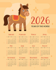 Calendar 2026. 12 months, starting from Sunday. Cute brown horse on light yellow background. New Year of the Horse, Lunar New Year or Chinese New Year.