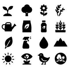 Obraz premium Nature's Essence: Minimalist, high-contrast icons depicting diverse natural elements essential for life: growth, sustenance, and environmental balance.