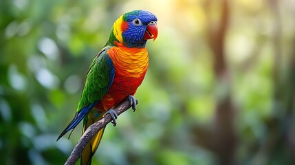 A vibrant lorikeet perched on a branch against a blurred green background in natural light setting