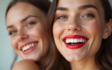 Cheery positive two women with bright red lipstick. High quality