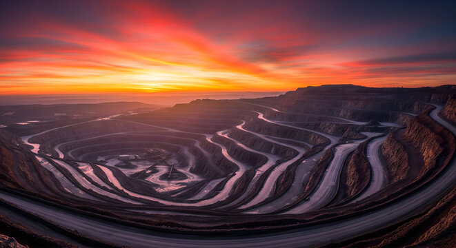 Vast open pit mine at sunset with dramatic fiery sky and winding roads