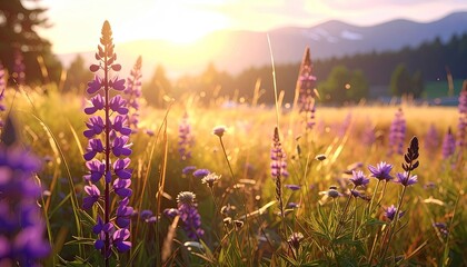 Lush Meadow With Purple Flowers And Golden Sunset Cinematic Hdr Seascape Photography In Ultra Wide 8k