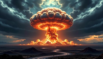 A dramatic scene featuring an enormous mushroom cloud emanating from a nuclear explosion, towering above a desert landscape with mountains in the background