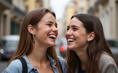 Young european two women laughing and looking at camera. High quality