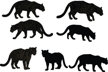 leopard silhouette, jaguar silhouette, big cat vector, wildlife clipart, flat vector, black leopard, animal silhouette, predator mammal, nature icon, feline artwork