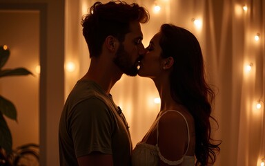 couple in love. Kissing man and woman at home in intimate atmosphere. High quality