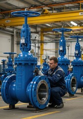 Naklejka premium Skilled Worker Performing Maintenance on Blue Industrial Valve in Modern Factory Setting with Equipment in Background