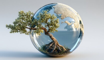 Crystal sphere holds bonsai, Earth's surface seen through