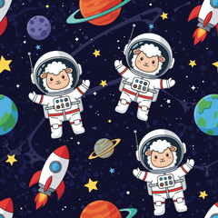 Cute cartoon sheep astronauts float in a whimsical seamless space pattern with planets rockets and stars Childrens design