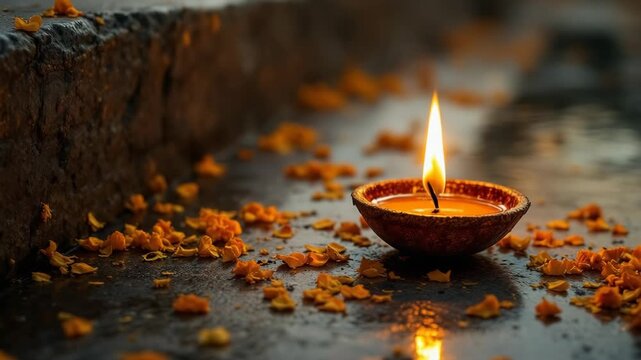Ethereal glow of a clay diya lamp adorned with marigold petals during dev deepavali festival in sacred varanasi