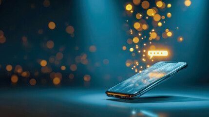 Smartphone sending a text message with bokeh effect and blue background