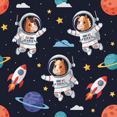 Adorable cartoon horses in astronaut suits exploring colorful space with planets and rockets