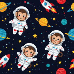 Cute astronaut monkeys explore colorful space with planets stars and rockets Fun for kids designs
