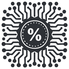 Fototapeta premium Fintech icon with percentage sign on a microprocessor circuit board for digital finance and sales