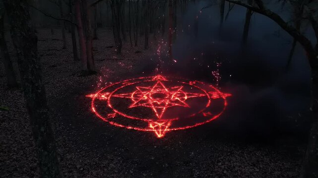 An ominous, glowing red magic ritual circle sparking intensely on a dark, leaf-strewn forest floor, surrounded by silhouetted bare trees and eerie mist, evoking a supernatural summoning.
