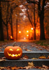 Glowing Jack-O’-Lantern on Stone Steps Surrounded by Autumn Leaves and Faded City Lights at Dusk
