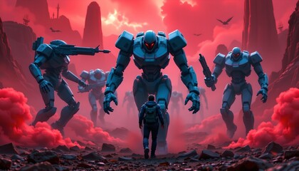 Fototapeta premium A group of six humanoid robots standing in an intense red tinted environment with an ominous atmosphere