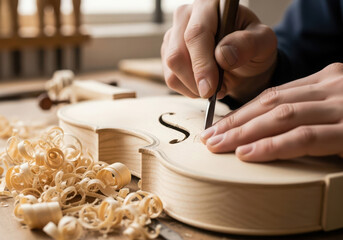Craftsman carving f hole into a new violin body with wood shavings
