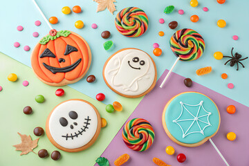 Fototapeta premium Brightly decorated Halloween-themed cookies and candy, including pumpkins, ghosts, and lollipops, arranged playfully for festive celebrations. 