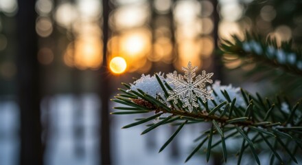Snowflake on Pine Branch with Sunset in Background Creating a Winter Landscape with Warm Light and Nature's Beauty