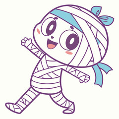 Cute cartoon mummy character with blue ribbon and bow happily walking with a smile