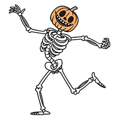 Happy halloween skeleton with a jack o lantern head dancing joyfully with outstretched arms and legs