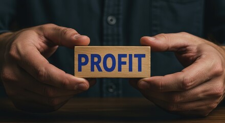 Hands Holding a Wooden Block with the Text 'PROFIT' in Bold Blue Letters Against a Dark Background
