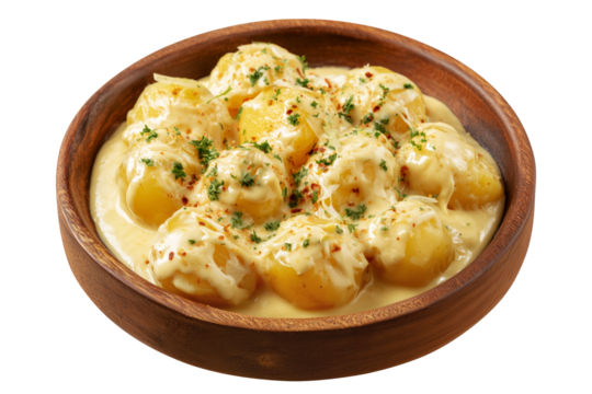 Papa a La Huancana Sliced potatoes in creamy dressing with chili pepper, and garlic in wooden bowl isolated on white transparent background, concept of South American Cuisine and food snack