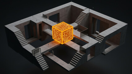 A glowing orange blockchain cube at the center of a complex concrete maze with impossible architecture, a metaphor for decentralized finance (DeFi) or data security Technology Solution