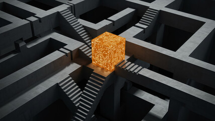 The solution to a complex problem visualized as a glowing block in the middle of a confusing maze, a versatile asset for a management consulting or a problem-solving workshop Challenge