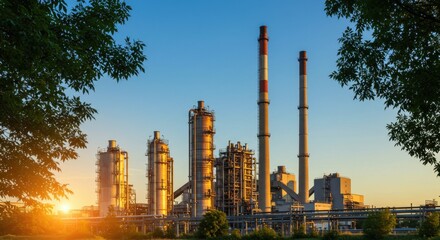 Industrial Power Plant at Sunset with Smokestacks and Bright Sky Over Landscape