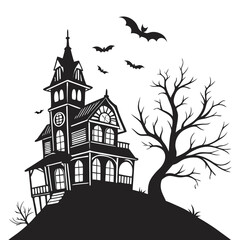 Spooky silhouette of a haunted victorian mansion on a hill with bats flying overhead and a bare tree