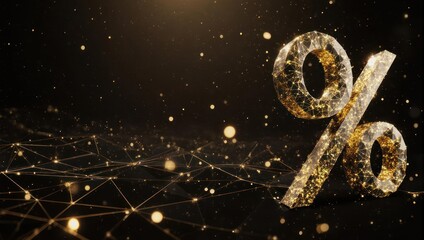 Golden percentage sign glowing with digital network connections, perfect for finance, technology, or special offers in a modern presentation