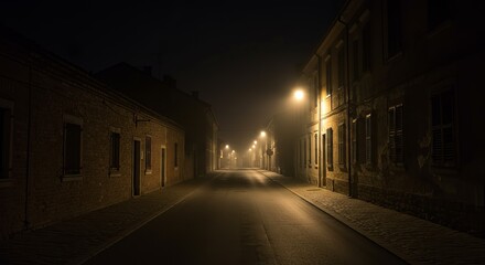 Fototapeta premium Mysterious foggy street at night illuminated by warm streetlights, evoking quiet solitude