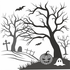 Spooky halloween graveyard scene with bare trees bats a jack o lantern and a ghost