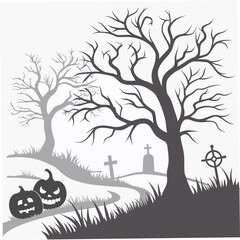Spooky halloween graveyard scene with bare trees jack o lanterns and gravestones under a pale sky