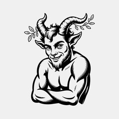 Black and White Vector Illustration of Satyr with Goat Horns | Stylized Mythical Satyr Standing with Arms Crossed | Fantasy Satyr Character with Horns and Leaves Vector Art