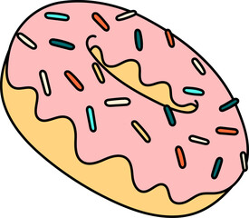 A pink donut with yellow frosting and colorful sprinkles