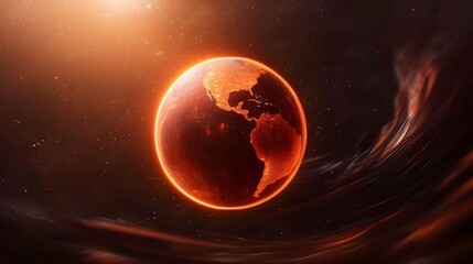 Obraz premium A glowing orange planet Earth, with North and South America clearly visible, is set against a backdrop of space dust and light, creating a visually striking contrast.